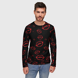 Лонгслив мужской Паттерн красные губы на черном - lips red, цвет: 3D-принт — фото 2