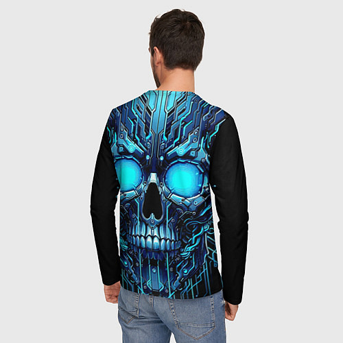Мужской лонгслив Неоновый кибер череп - нейроарт микросхема / 3D-принт – фото 4