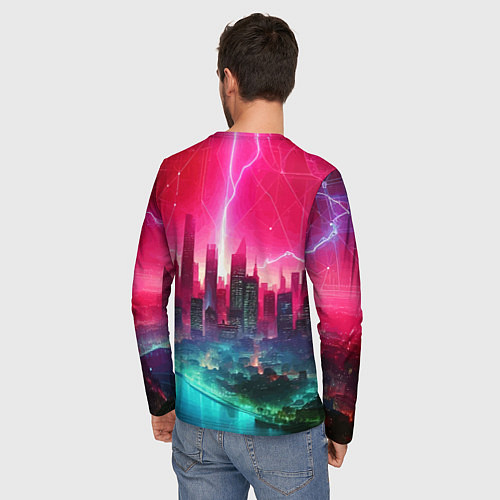 Мужской лонгслив Неоновая гроза в мегаполисе - удар молнии / 3D-принт – фото 4