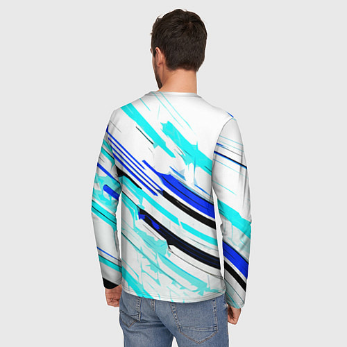 Мужской лонгслив Чёрно-сине-голубые полосы на белом фоне / 3D-принт – фото 4