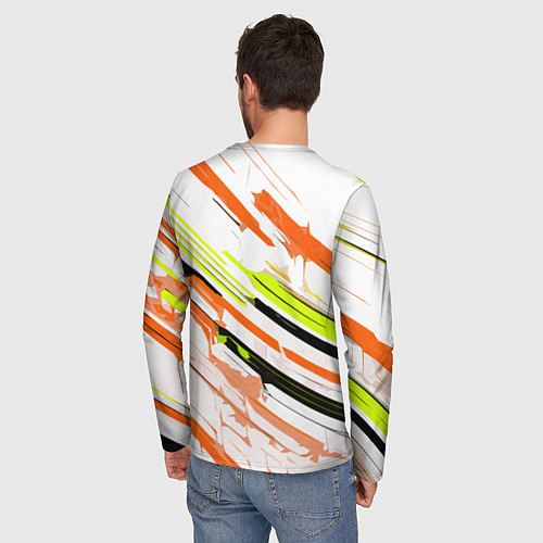 Мужской лонгслив Оранжево-жёлто-чёрные полосы на белом фоне / 3D-принт – фото 4