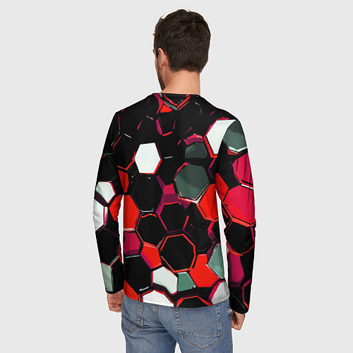 Мужской лонгслив Красно-белые шестиугольники на чёрном фоне / 3D-принт – фото 4