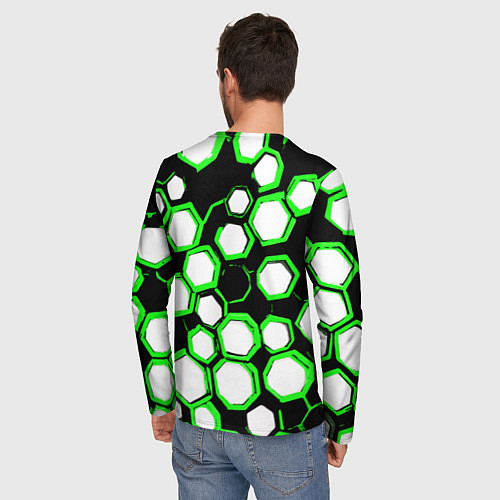 Мужской лонгслив Бело-зелёные шестиугольники на чёрном фоне / 3D-принт – фото 4