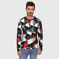 Лонгслив мужской Красно-белые рельефные треугольники на чёрном фоне, цвет: 3D-принт — фото 2