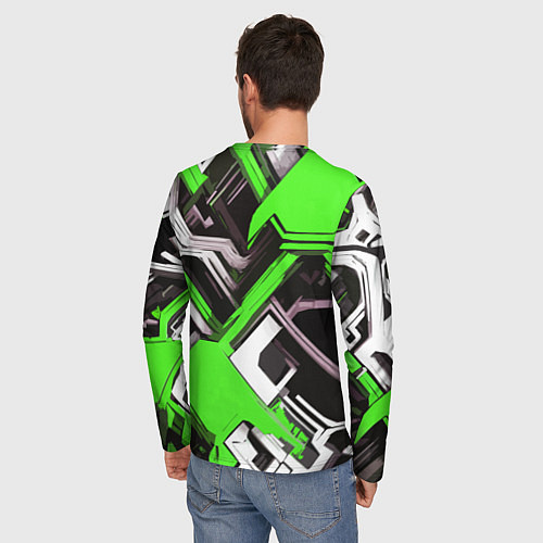 Мужской лонгслив Бело-зелёный техно паттерн на чёрном фоне / 3D-принт – фото 4