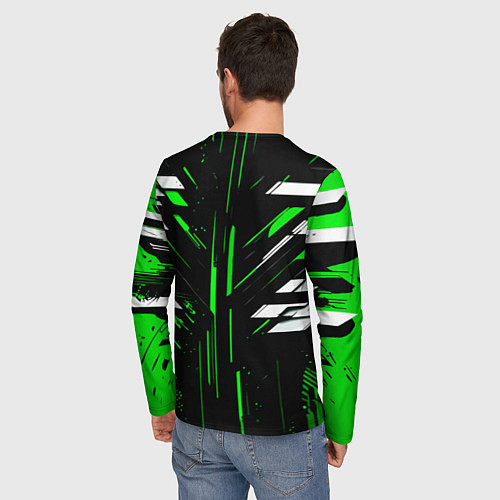 Мужской лонгслив Зелёно-белые полосы и точки на чёрном фоне / 3D-принт – фото 4