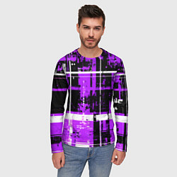 Лонгслив мужской Фиолетово-белый гранж на чёрном фоне, цвет: 3D-принт — фото 2