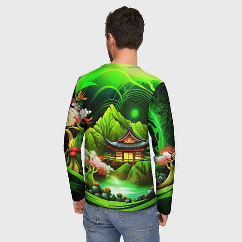 Мужской лонгслив Природа Японии в зеленых цветах / 3D-принт – фото 4