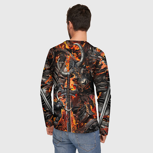 Мужской лонгслив Гладиатор и минотавр на фоне огня мечей и щитов / 3D-принт – фото 4