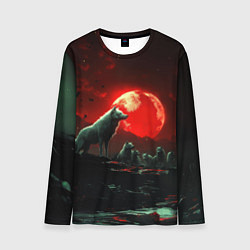 Лонгслив мужской Белый волк на фоне красной луны, цвет: 3D-принт
