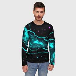 Лонгслив мужской Голубые неоновые волны текстура, цвет: 3D-принт — фото 2