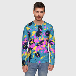 Лонгслив мужской Брызги краски розовой желтой и темно синей, цвет: 3D-принт — фото 2