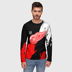 Лонгслив мужской Детройт Ред Уингз - брызги краска на черном фоне, цвет: 3D-принт — фото 2