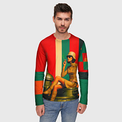 Лонгслив мужской Милитари девушка на оружейной башне ретрофутуризм, цвет: 3D-принт — фото 2