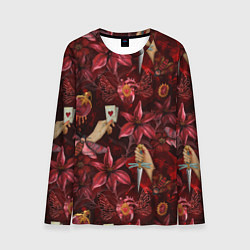 Лонгслив мужской Бордовая готика с сердцем, лилиями и мотыльками, цвет: 3D-принт