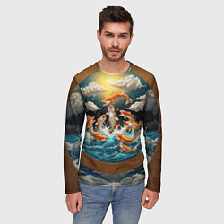 Лонгслив мужской Большие золотистые рыбы выпрыгивают из воды, цвет: 3D-принт — фото 2
