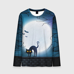 Лонгслив мужской Полнолуние и черный кот - жуткий Хэллоуин, цвет: 3D-принт