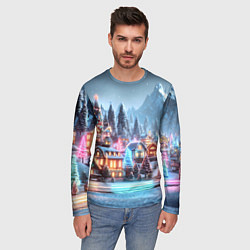 Лонгслив мужской Городок в новогодних огоньках, цвет: 3D-принт — фото 2