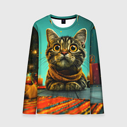 Лонгслив мужской Котик под елкой, цвет: 3D-принт