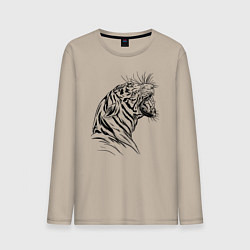 Лонгслив хлопковый мужской Чёрно белый рисунок тигра, цвет: миндальный