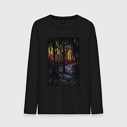 Лонгслив хлопковый мужской Деревья в ночи, цвет: черный