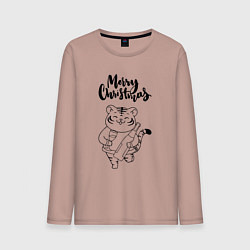 Лонгслив хлопковый мужской Merry Christmas Тигр с Шампанским, цвет: пыльно-розовый