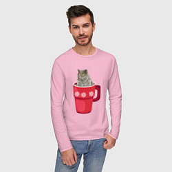 Лонгслив хлопковый мужской Удивленный кот в кружке, цвет: светло-розовый — фото 2