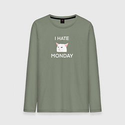 Лонгслив хлопковый мужской I hate monday текст с котом, цвет: авокадо