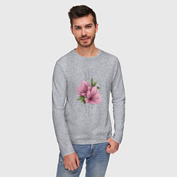 Лонгслив хлопковый мужской Акварельный розовой цветок, цвет: меланж — фото 2