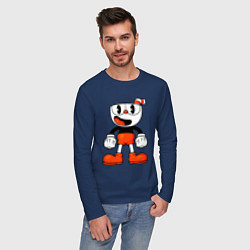 Лонгслив хлопковый мужской Cuphead красная чашечка, цвет: тёмно-синий — фото 2