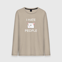 Мужской лонгслив I hate people, текст с белым мемным котом