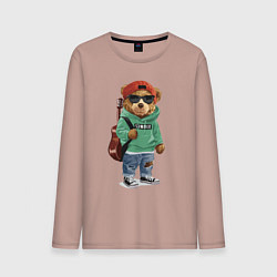Лонгслив хлопковый мужской Прикольный мишутка гитарист Cool teddy bear guitar, цвет: пыльно-розовый