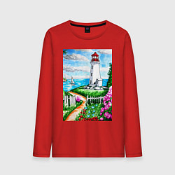 Лонгслив хлопковый мужской Маяк на берегу, цвет: красный