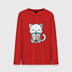 Лонгслив хлопковый мужской Котик с бабл ти, цвет: красный