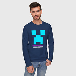 Лонгслив хлопковый мужской Символ Minecraft в неоновых цветах, цвет: тёмно-синий — фото 2