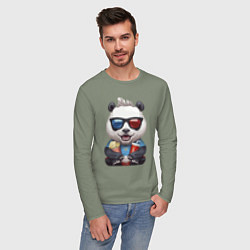 Лонгслив хлопковый мужской Прикольный панда с попкорном и колой, цвет: авокадо — фото 2