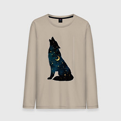 Лонгслив хлопковый мужской Wolf howling at night, цвет: миндальный