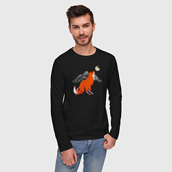 Лонгслив хлопковый мужской Лиса, горы и луна, цвет: черный — фото 2