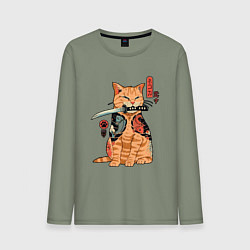 Лонгслив хлопковый мужской Японский Кот Якудза, цвет: авокадо