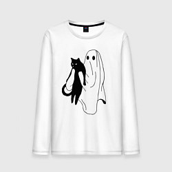 Лонгслив хлопковый мужской Призрак держит чёрного кота, цвет: белый