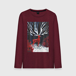 Лонгслив хлопковый мужской Красный олень с гиганскими рогами, цвет: меланж-бордовый