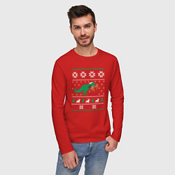 Лонгслив хлопковый мужской Новогодний тирекс - ugly sweater, цвет: красный — фото 2