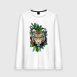 Лонгслив хлопковый мужской Голова Тигра среди листьев и цветов, Тигр символ 2, цвет: белый