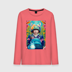 Лонгслив хлопковый мужской Girl with Totoro - fantasy - neural network, цвет: коралловый