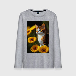 Лонгслив хлопковый мужской Red cat in flowers, цвет: меланж