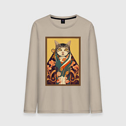 Лонгслив хлопковый мужской Кот в кимоно, цвет: миндальный