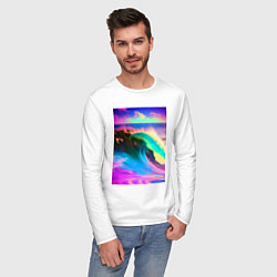 Лонгслив хлопковый мужской Неоновая волна - тихий океан, цвет: белый — фото 2