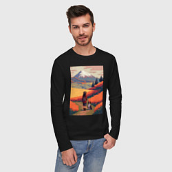 Лонгслив хлопковый мужской Девушка, выгуливающая собаку на полях Японии, цвет: черный — фото 2