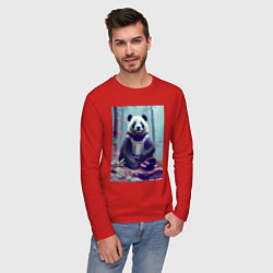 Лонгслив хлопковый мужской Панда в кибер-жилете - нейросеть, цвет: красный — фото 2