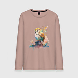 Лонгслив хлопковый мужской Акварельная милая сова, цвет: пыльно-розовый